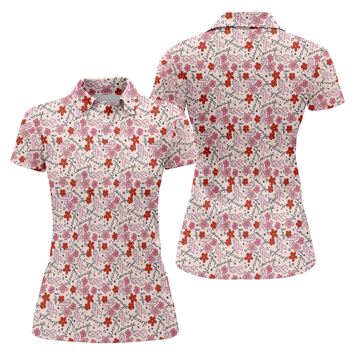 Breast Cancer Awareness Ribbon Floral Shirt Women, Cancer Awareness Shirt, Ladies Golf Shirts