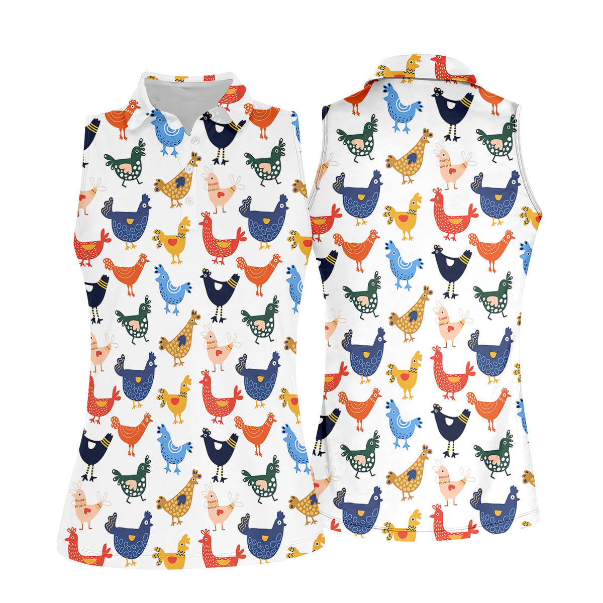 Colorful Animated Chickens White Polo Women, Gift For Chicken Lover, Ladies Golf Shirts, Golfing Apparel