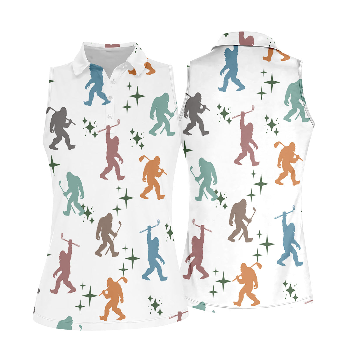 Colorful Bigfoot Silhouette Pattern Fun Women's Golf Shirts, Unique Gift For Golfer, Ladies Golf Polos