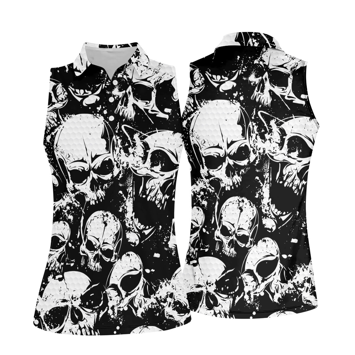 Skulls Splatter Black Grunge Womens Golf Shirts, Ladies Golf Polos, Cool Golf Gift, Golfing Apparel