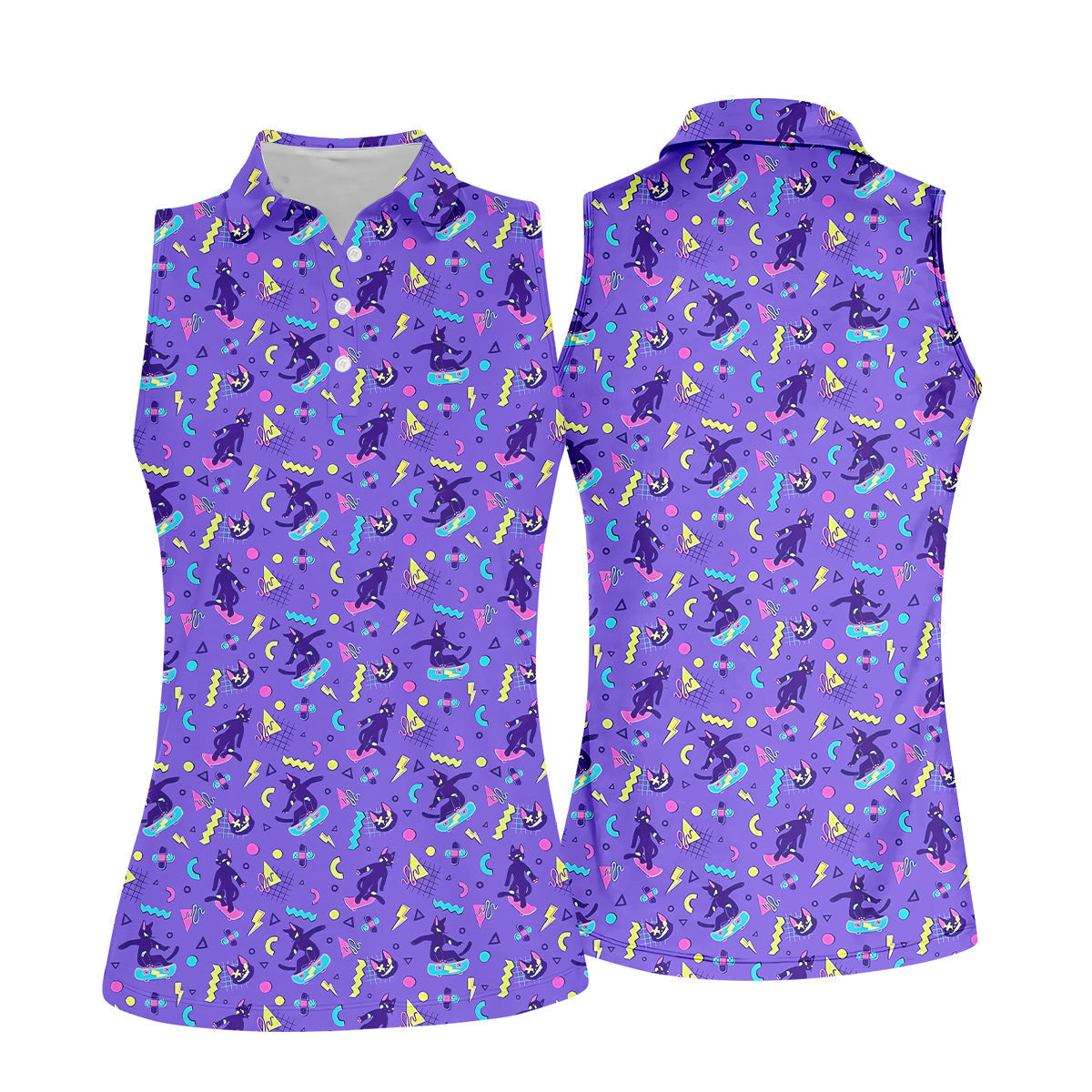 SK8R CAT Patterned Golf Polos, Fun Womens Golf Shirts, Ladies Sleeveless Golf Shirts, Ladies Golf Shirts