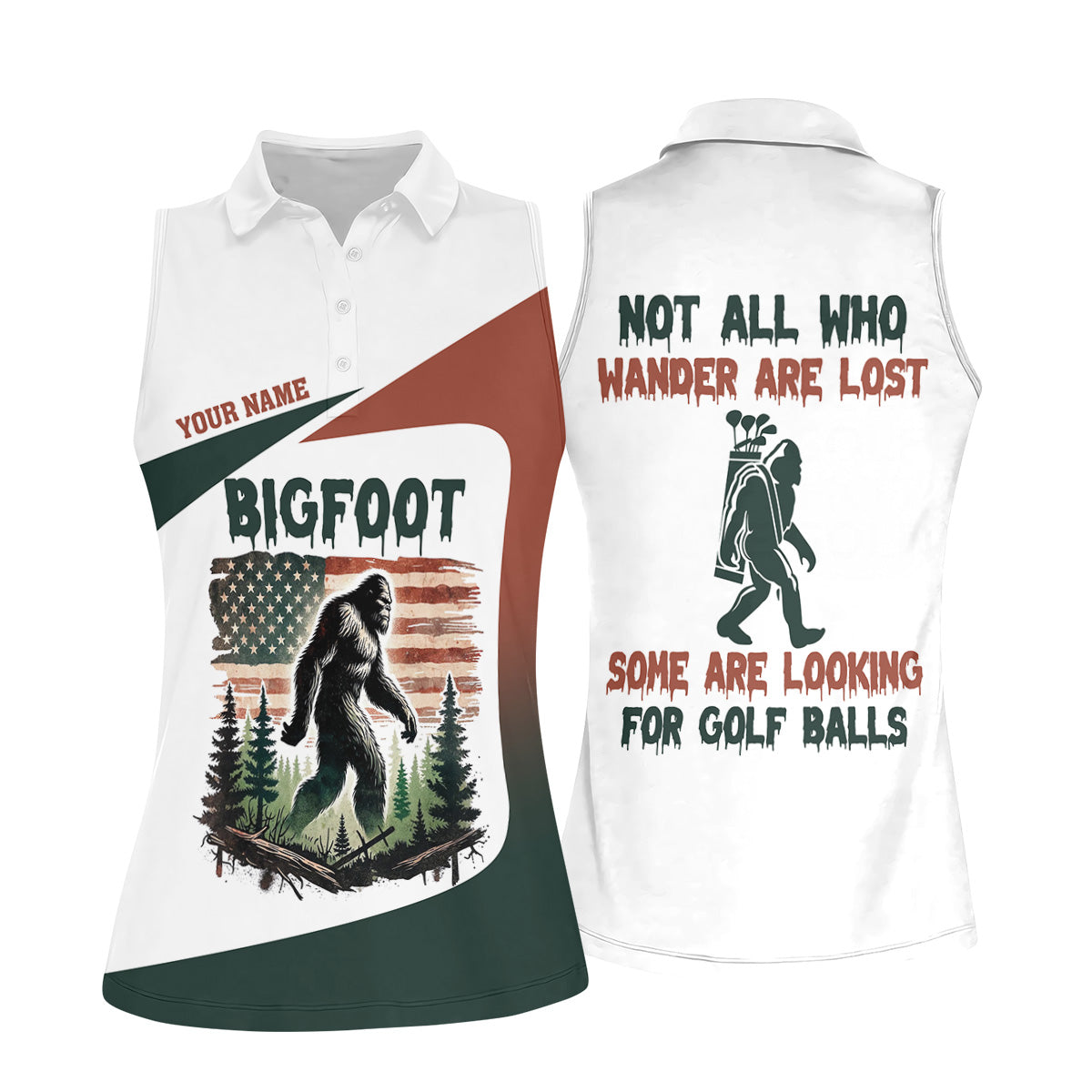Not All Who Wander Are Lost Bigfoot Golf Shirt, Ladies Patriotic Golf Shirts, Women's Golf Tops