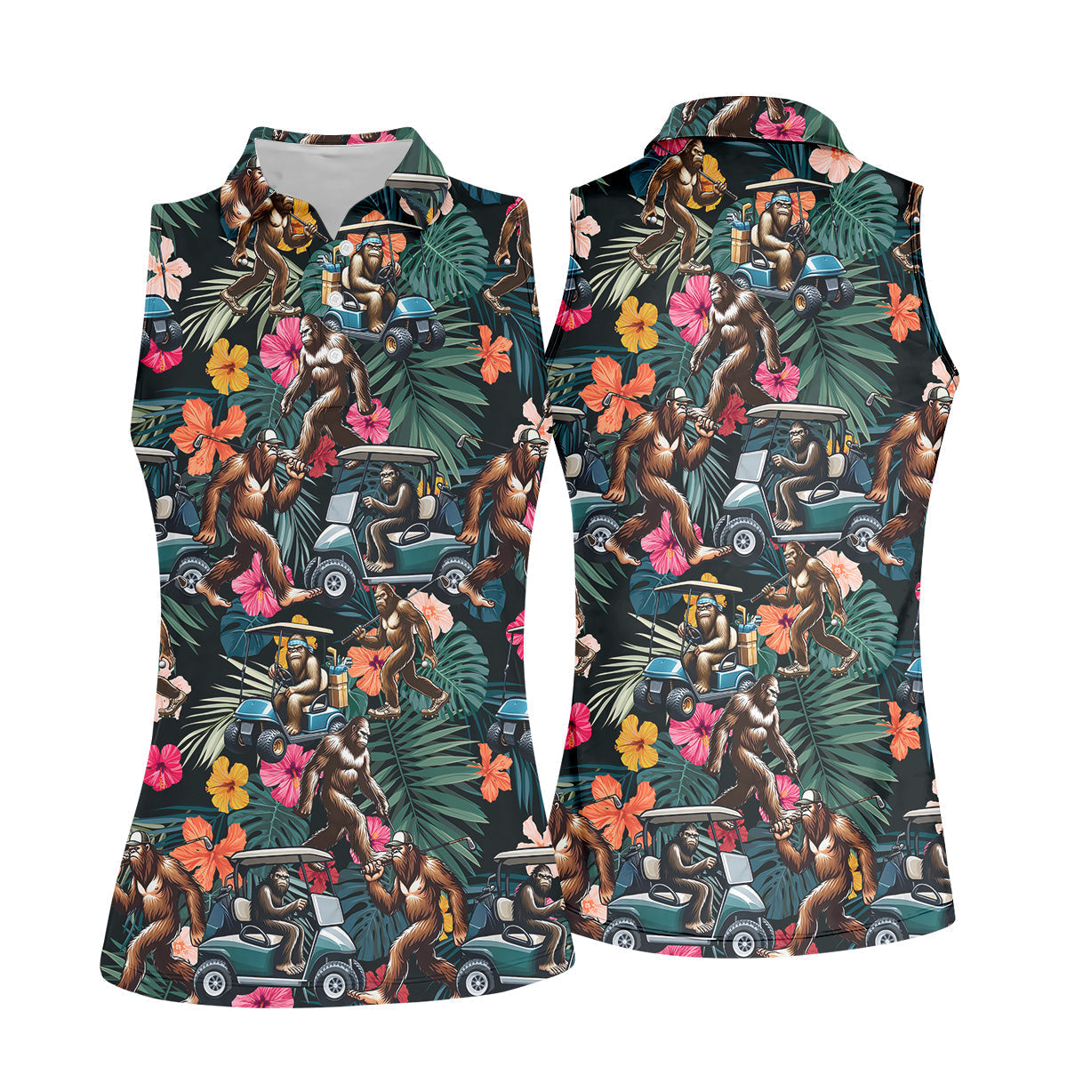 Bigfoot Golf Cart Tropical Floral Fun Women's Golf Shirts, Ladies Sleeveless Tops, Ladies Golf Shirts