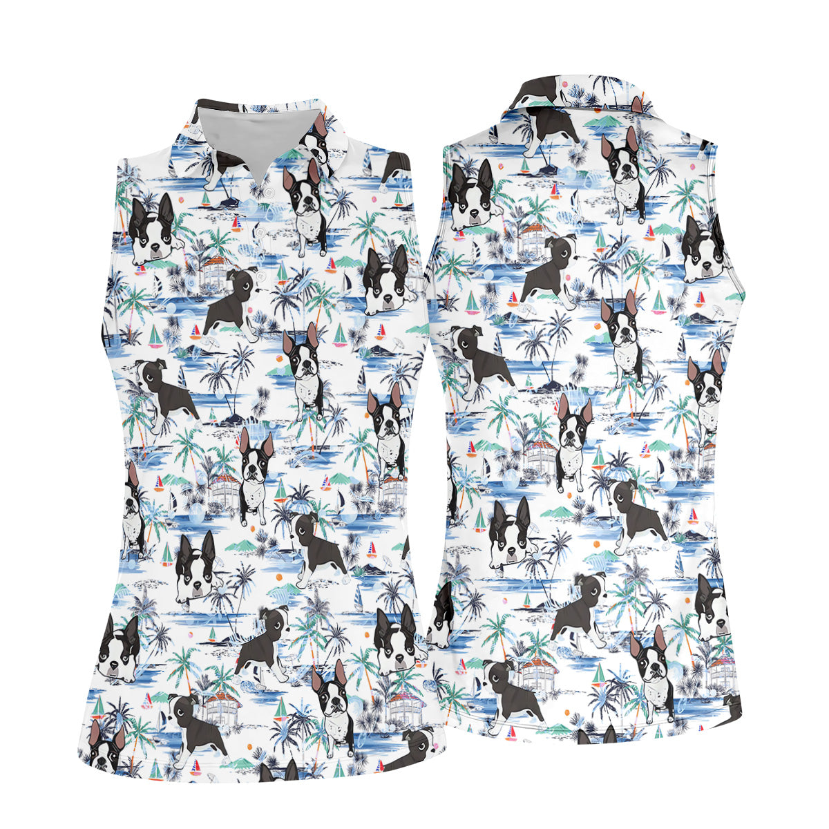 Boston Terrier Ocean Vibe White Tropical Golf Shirts, Fun Women's Golf Shirts, Gifts For Dog Lovers
