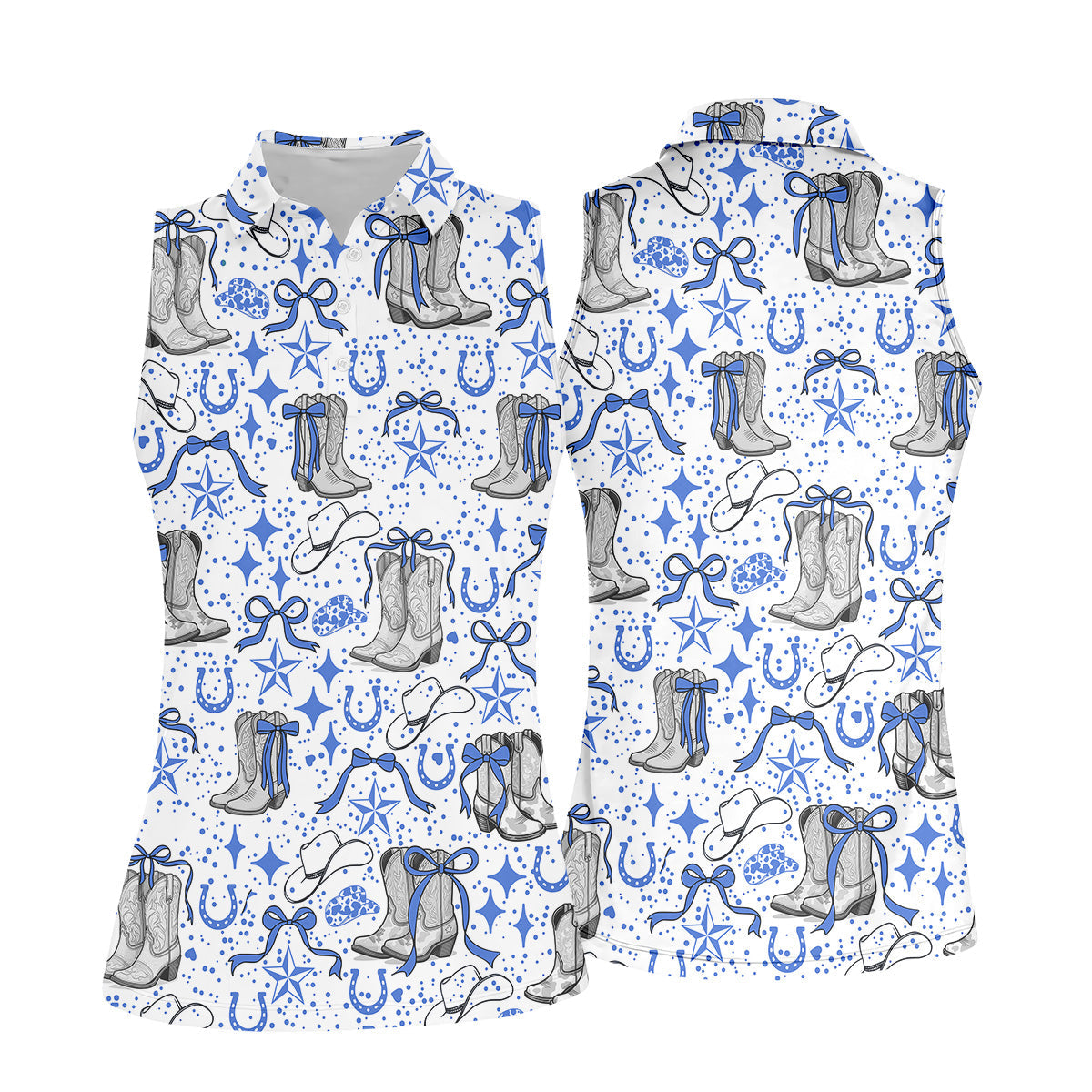Coquette Cowgirl Boots Blue Western Golf Shirts Women, Retro Golf Shirt, Ladies Golf Polos