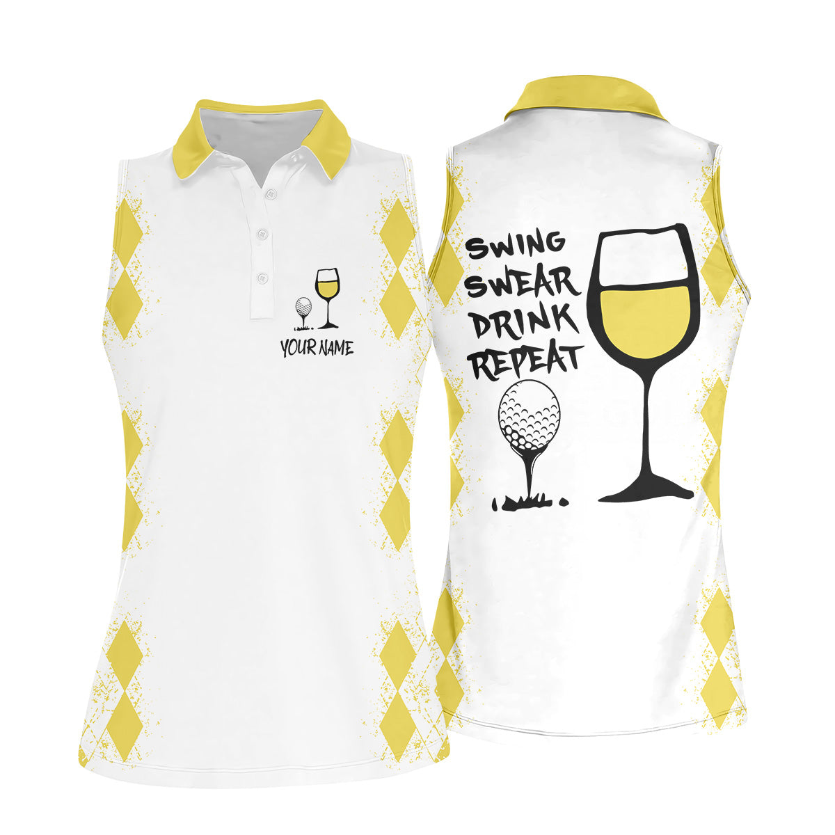 Swing Swear Drink Repeat Lemon Yellow Argyle Golf Shirt, Fun Womens Golf Shirts, Ladies Golf Shirts
