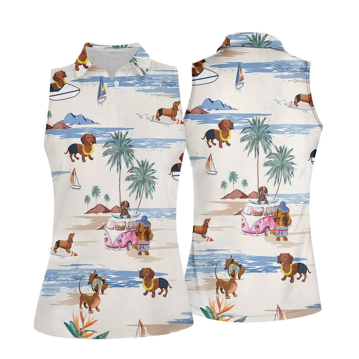 Cute Dachshund Tropical Golf Shirts, Fun Women's Golf Shirts, Ladies Golf Tops, Gifts For Dog Lovers
