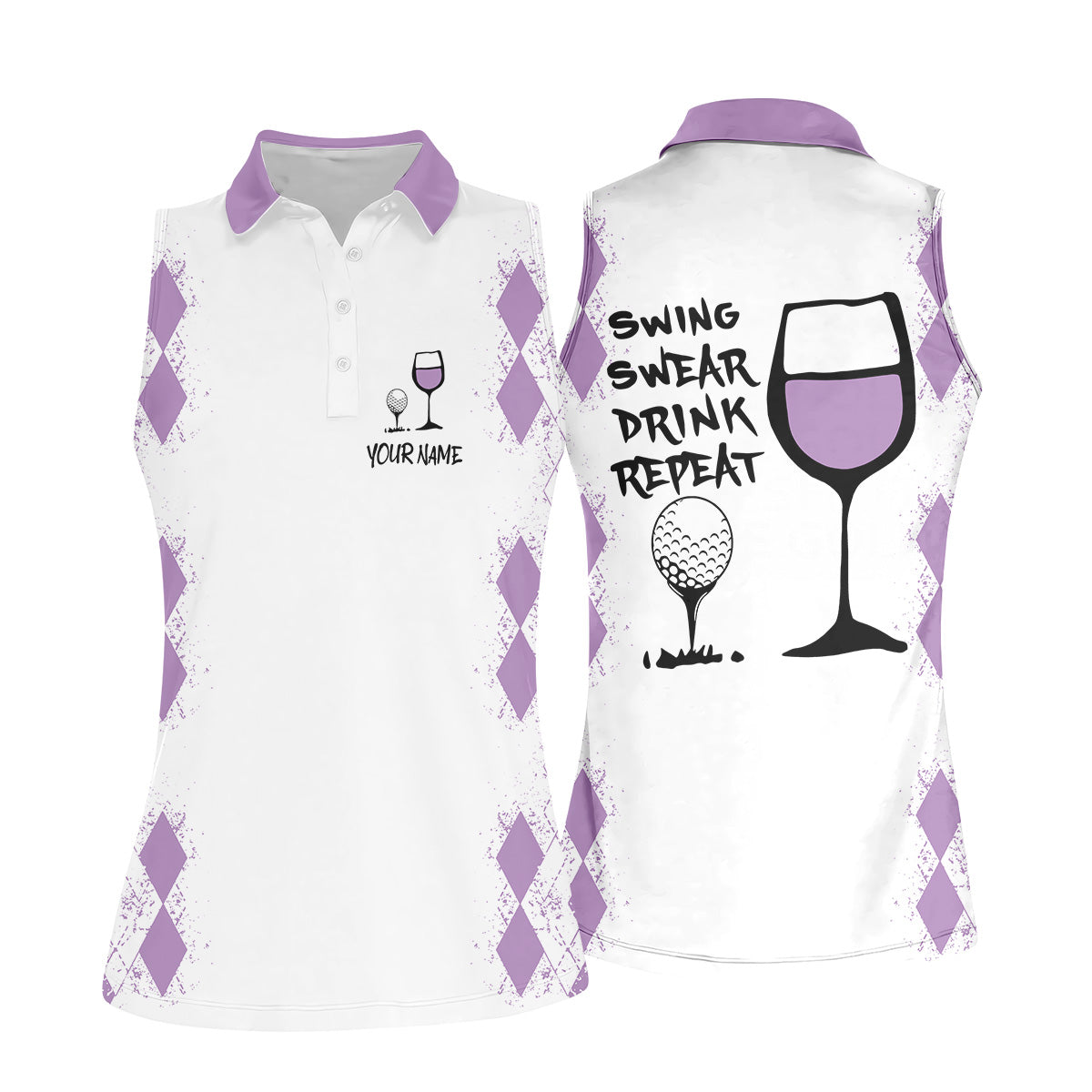 Swing Swear Drink Repeat Purple Argyle Golf Shirt, Fun Womens Golf Shirts, White Polo Women, Ladies Golf Shirts