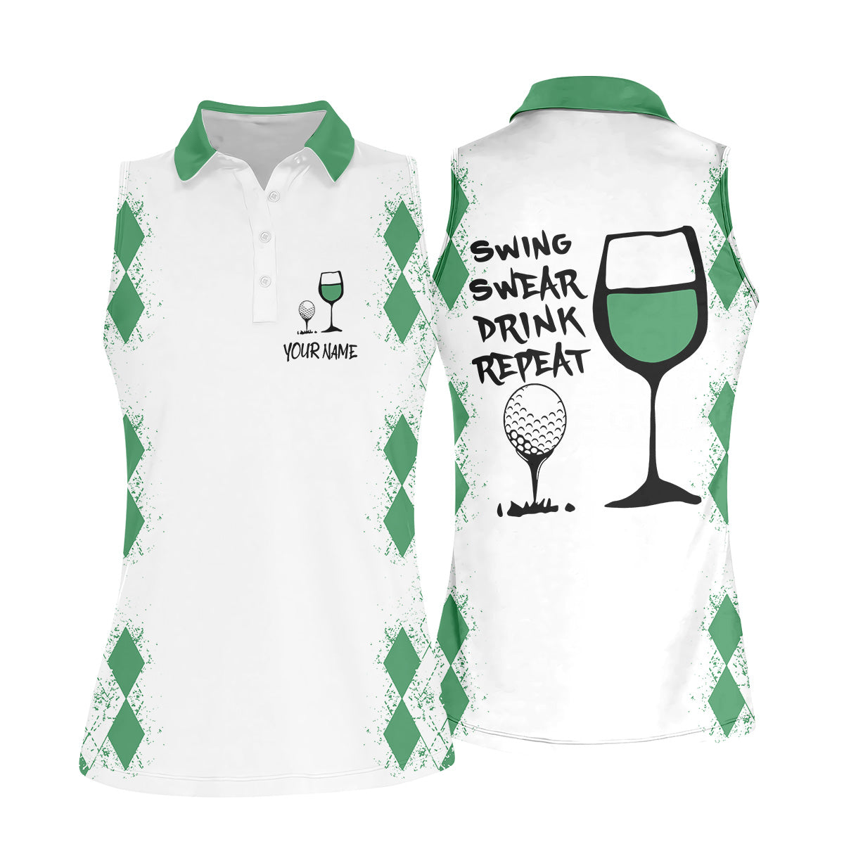 Swing Swear Drink Repeat Green Argyle Golf Shirt, Fun Womens Golf Shirts, White Polo Women, Ladies Golf Shirts