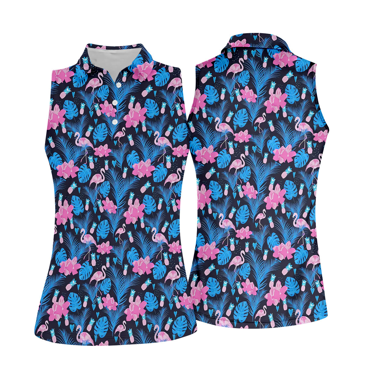 Flamingo Pink Pink And Blue Tropical Golf Shirts, Ladies Sleeveless Polo, Women's Golf Tops