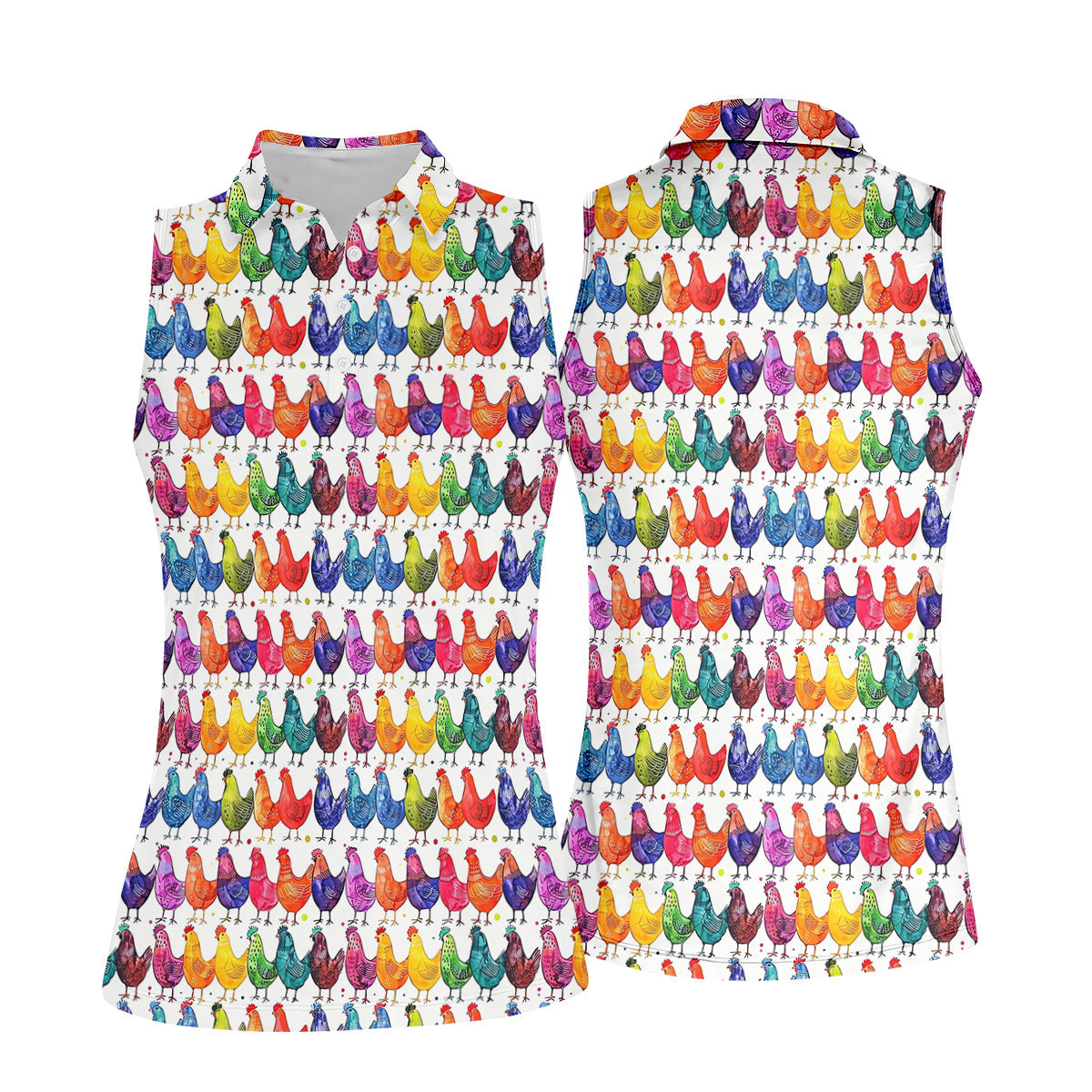 Whimsical Chicken Colorful Golf Shirt, Cute Golf Outfit, White Polo Women, Ladies Golf Shirts