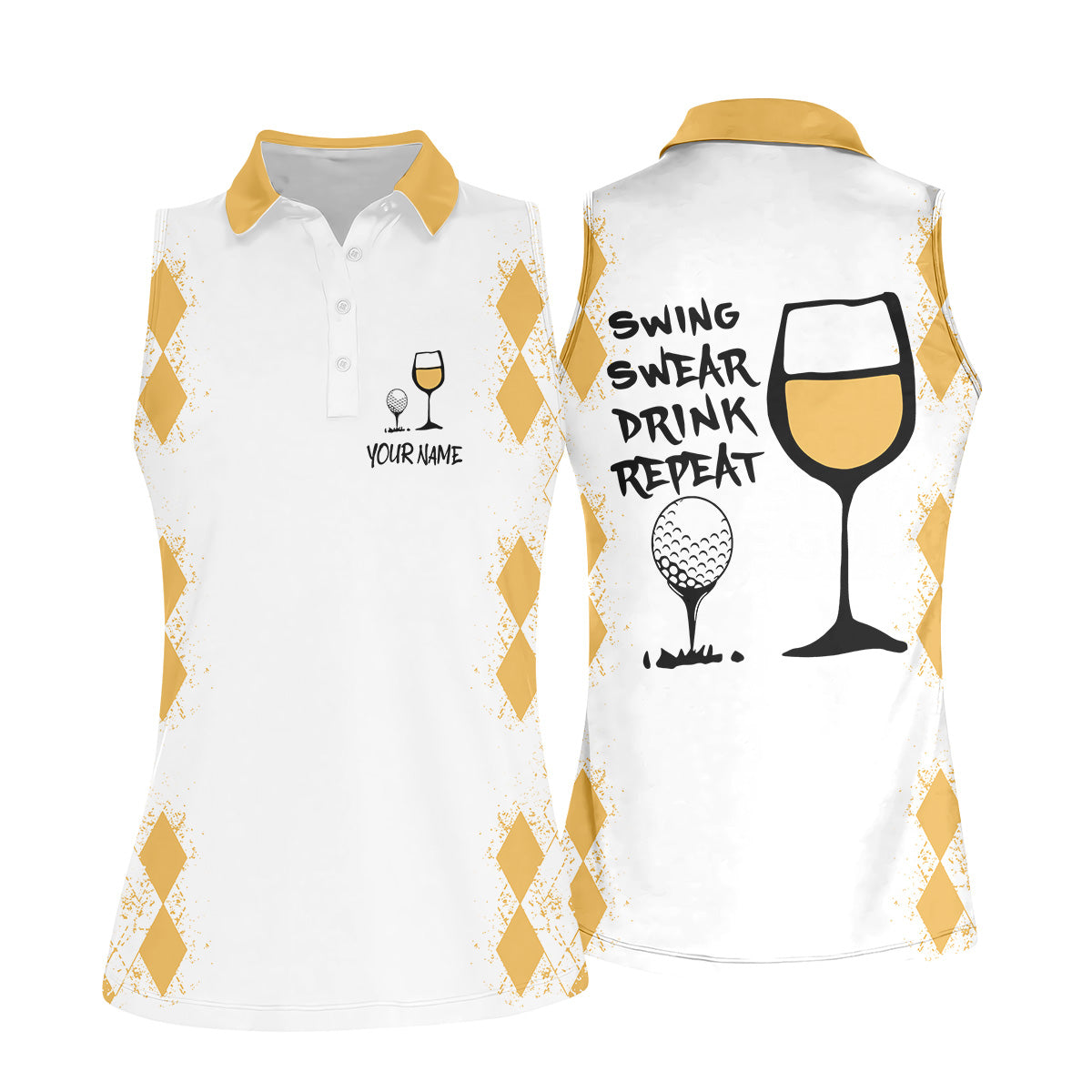 Swing Swear Drink Repeat Yellow Argyle Golf Shirt, Fun Womens Golf Shirts, White Polo Women, Ladies Golf Shirts
