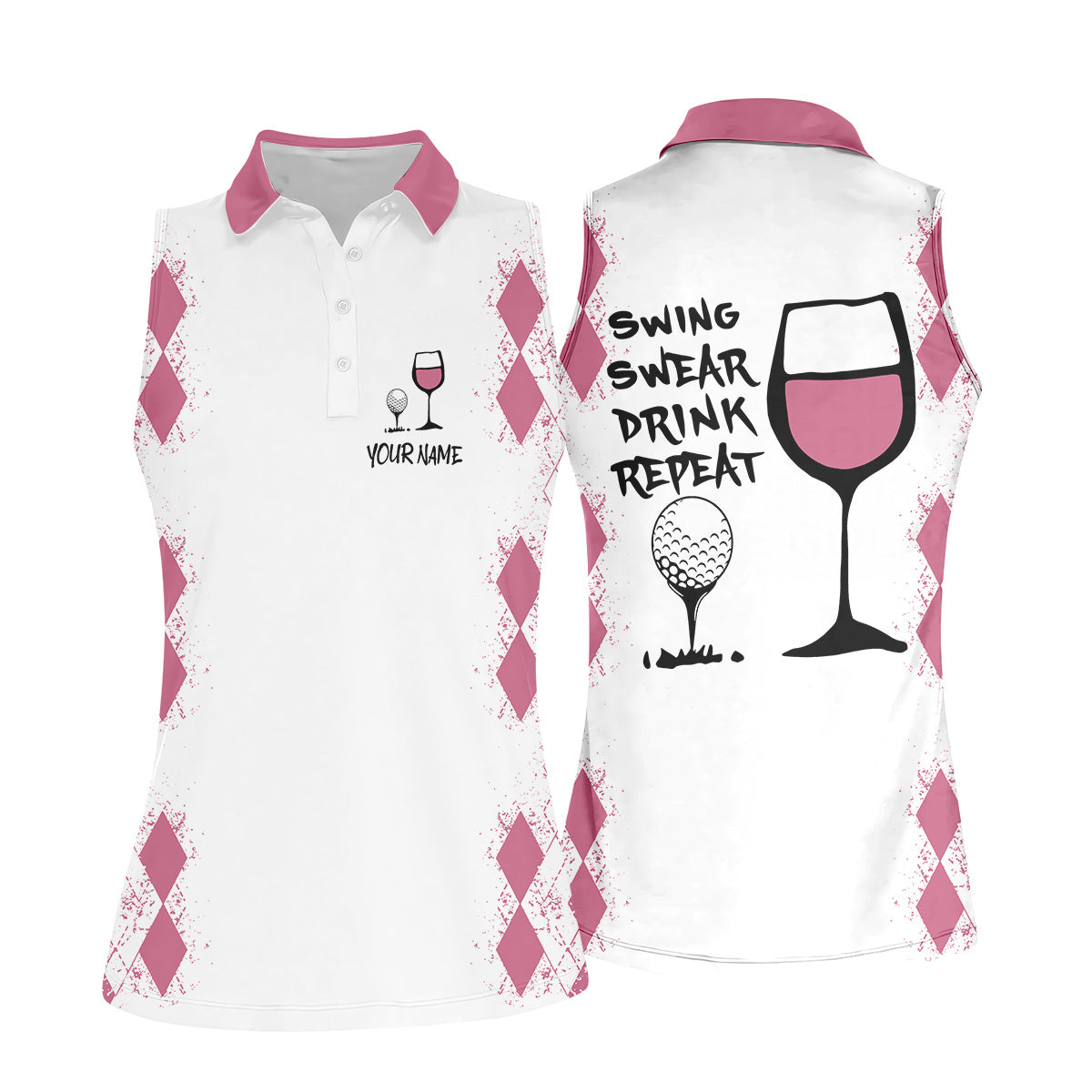 Swing Swear Drink Repeat Pink Argyle Golf Shirt, Fun Womens Golf Shirts, White Polo Women, Ladies Golf Shirts