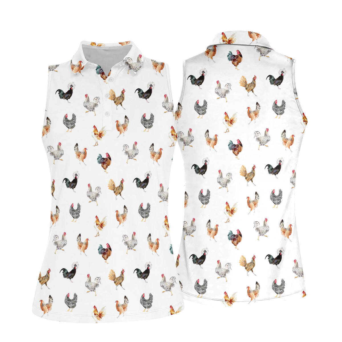 Prancing Chickens Women's White Golf Shirt, Gift For Chicken Lover, Ladies Golf Shirts, Golfing Apparel