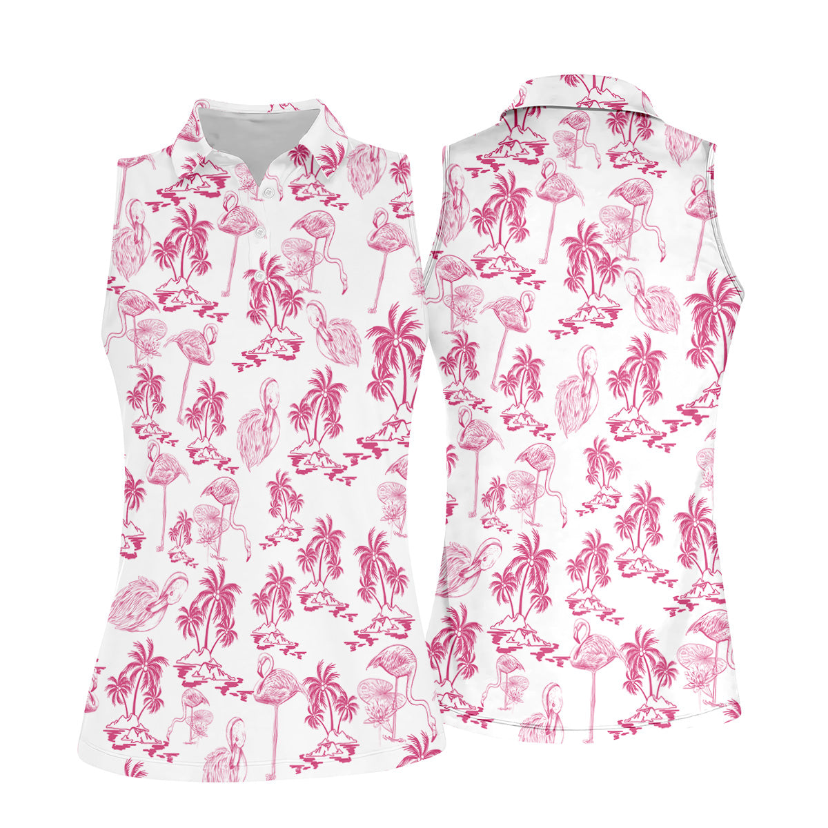 White And Pink Flamingo Tropical Women's Golf Shirts, Ladies Sleeveless Polo, Ladies Golf Shirts
