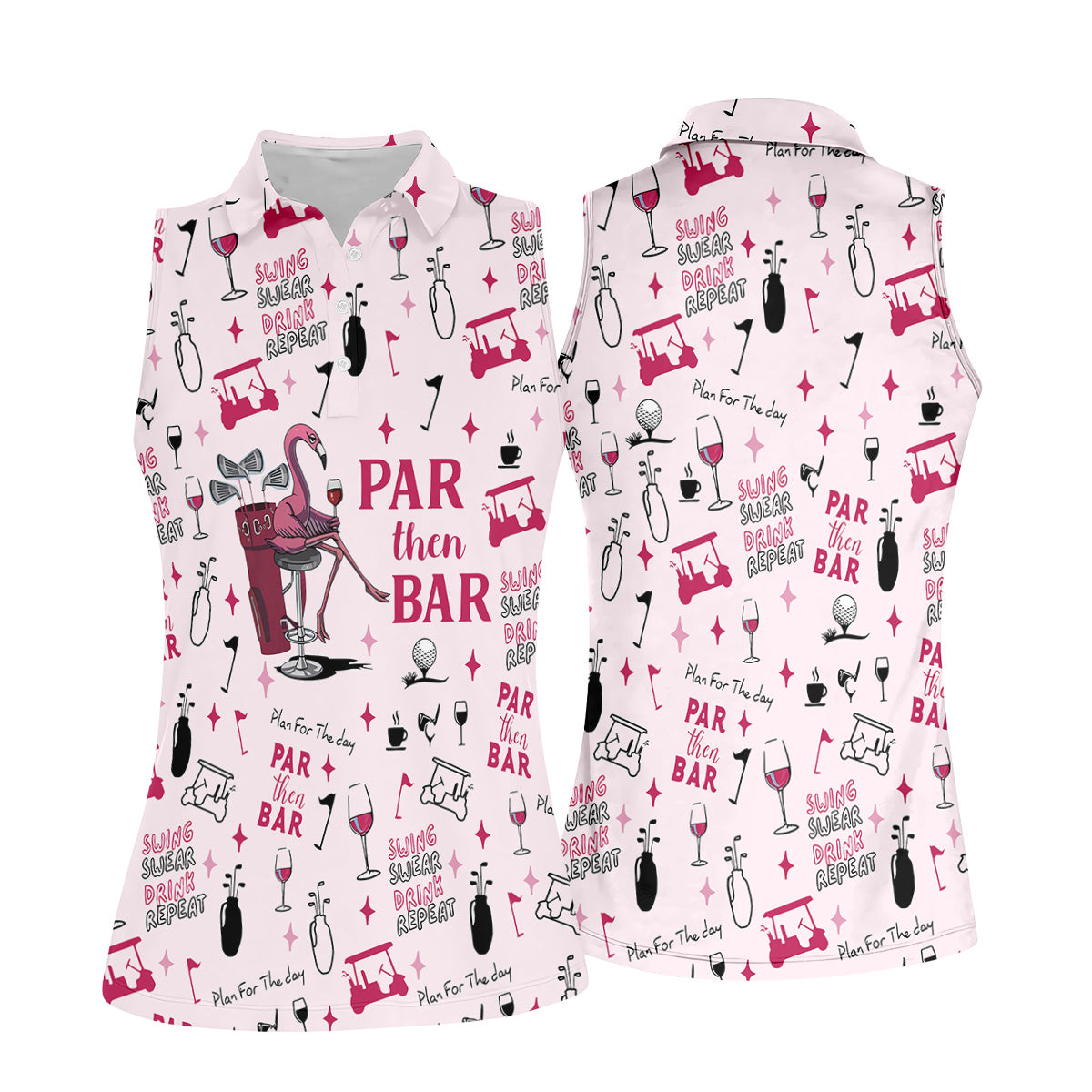 Pink Swing Swear Drink Repeat Par Then Bar Flamingo Golf Shirt, Fun Women's Golf Shirts, Ladies Golf Polos
