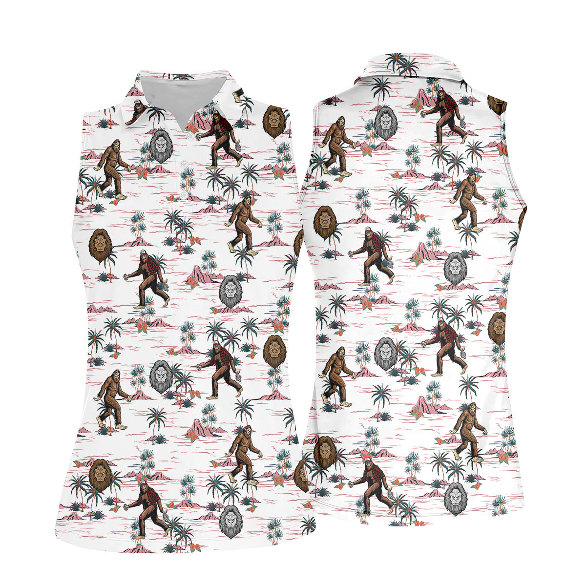 White Funny Sasquatch Tropical Golf Shirts, Funny Golf Shirts Women, Ladies Golf Shirts, Golfing Apparel