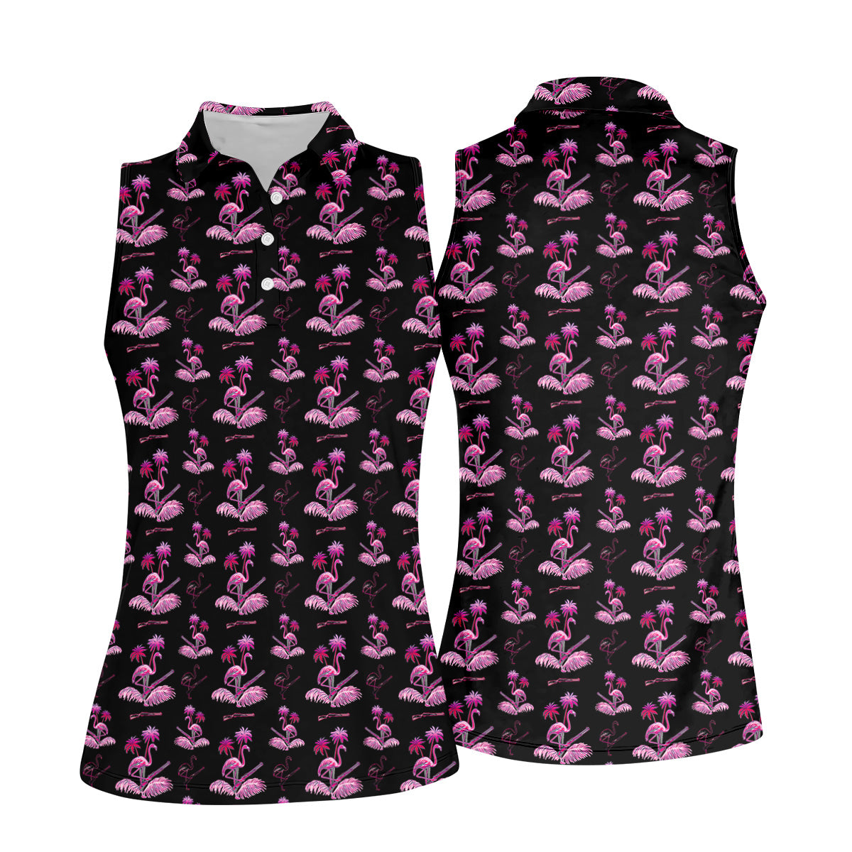 Flamingo Tropical Pink And Black Women's Golf Tops, Ladies Golf Shirts, Golf Gifts For Women