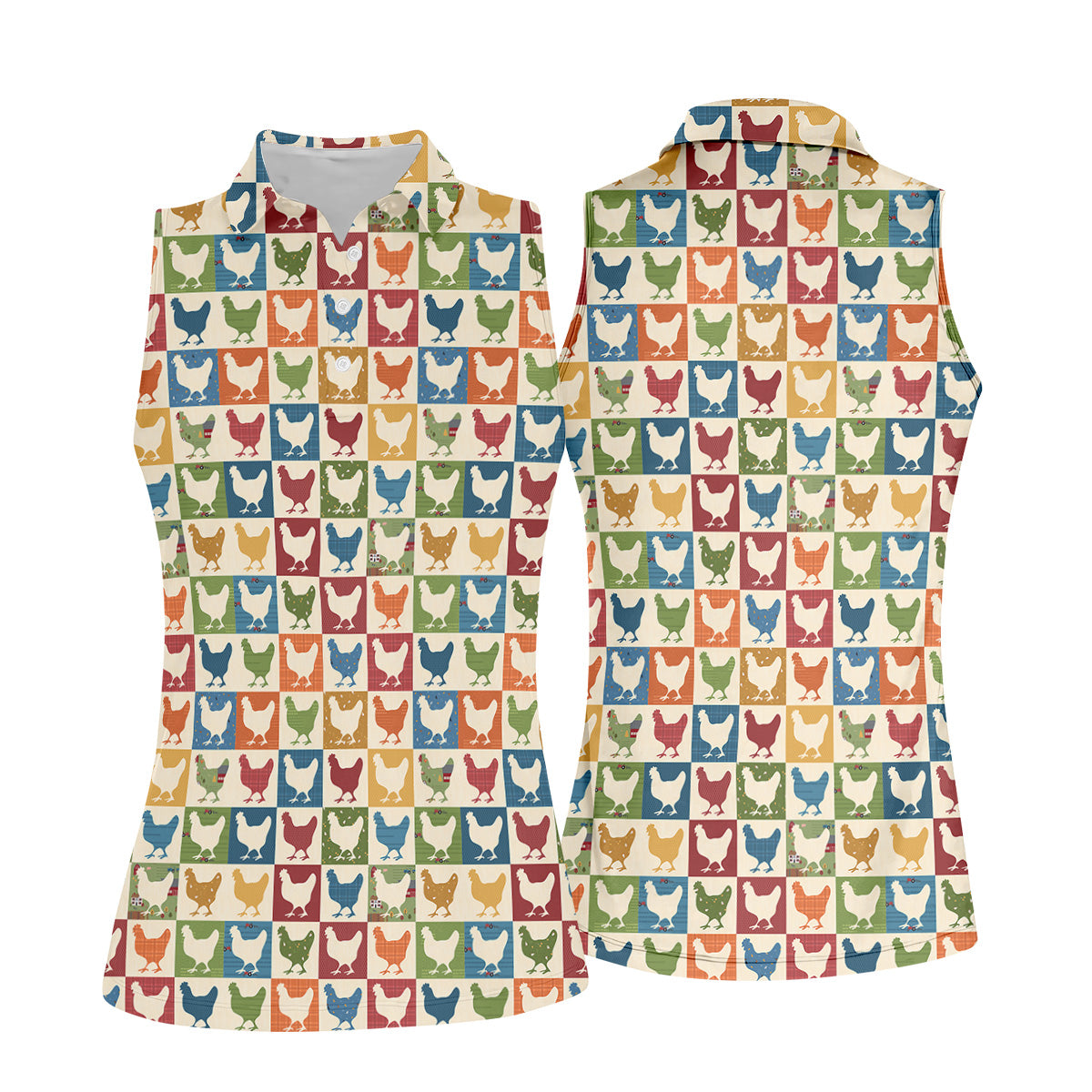 Chicken Rooster Colorful Checkered Women Golf Top, Gift For Chicken Lover, Ladies Golf Shirts