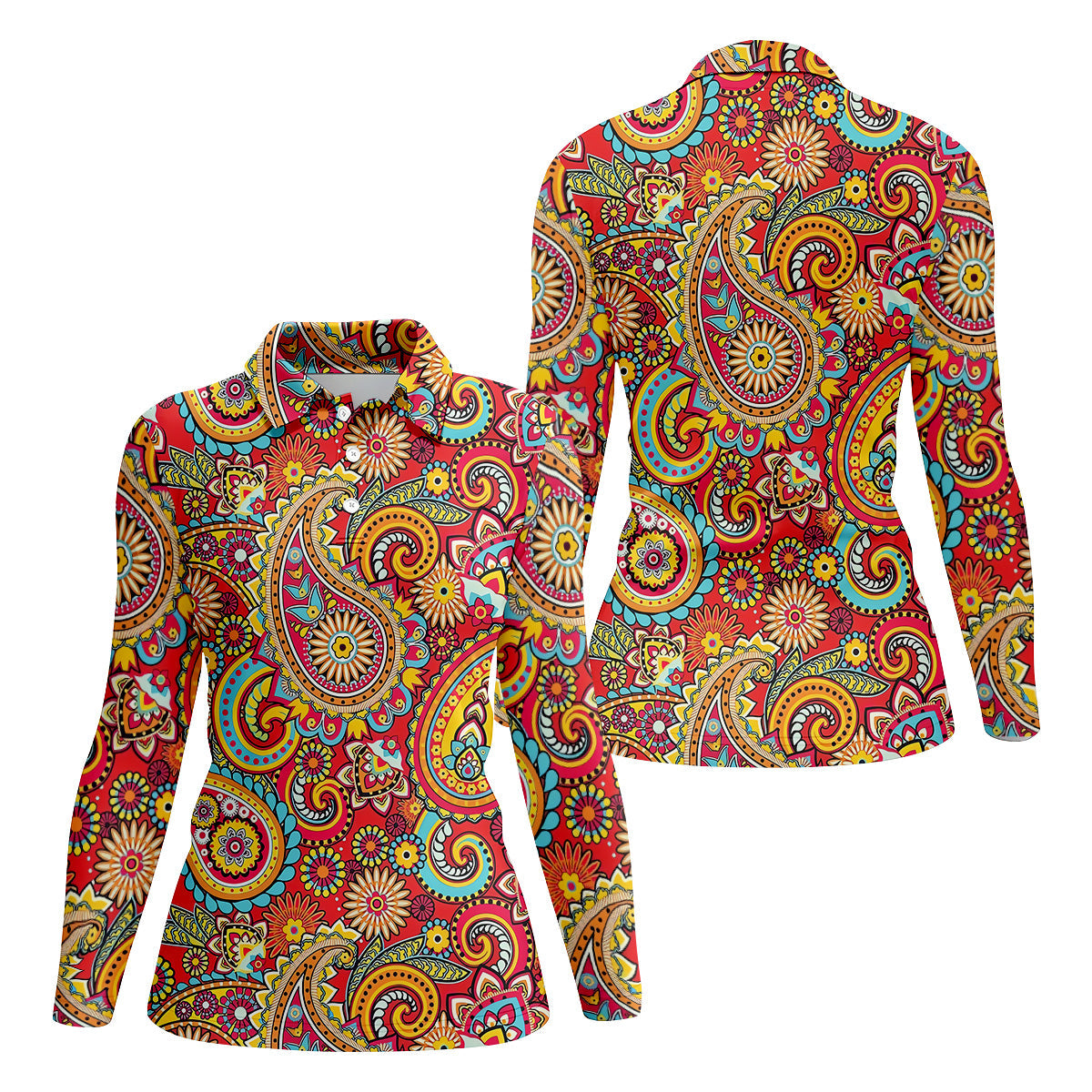 Red Paisley Seamless Pattern Women Golf Top, Golf Shirt For Women, Women's Polo Shirt