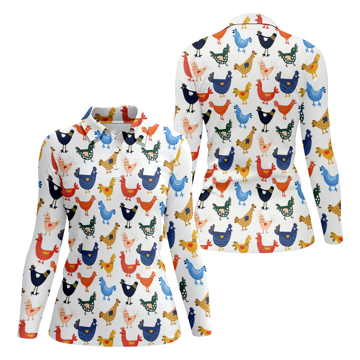 Colorful Animated Chickens White Polo Women, Gift For Chicken Lover, Ladies Golf Shirts, Golfing Apparel