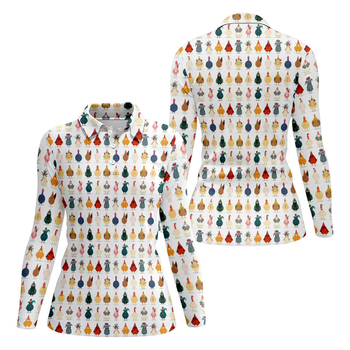 Whimsical Chicken Funny Golf Shirts Women, Cute Golf Outfit, White Polo Women, Ladies Golf Shirts