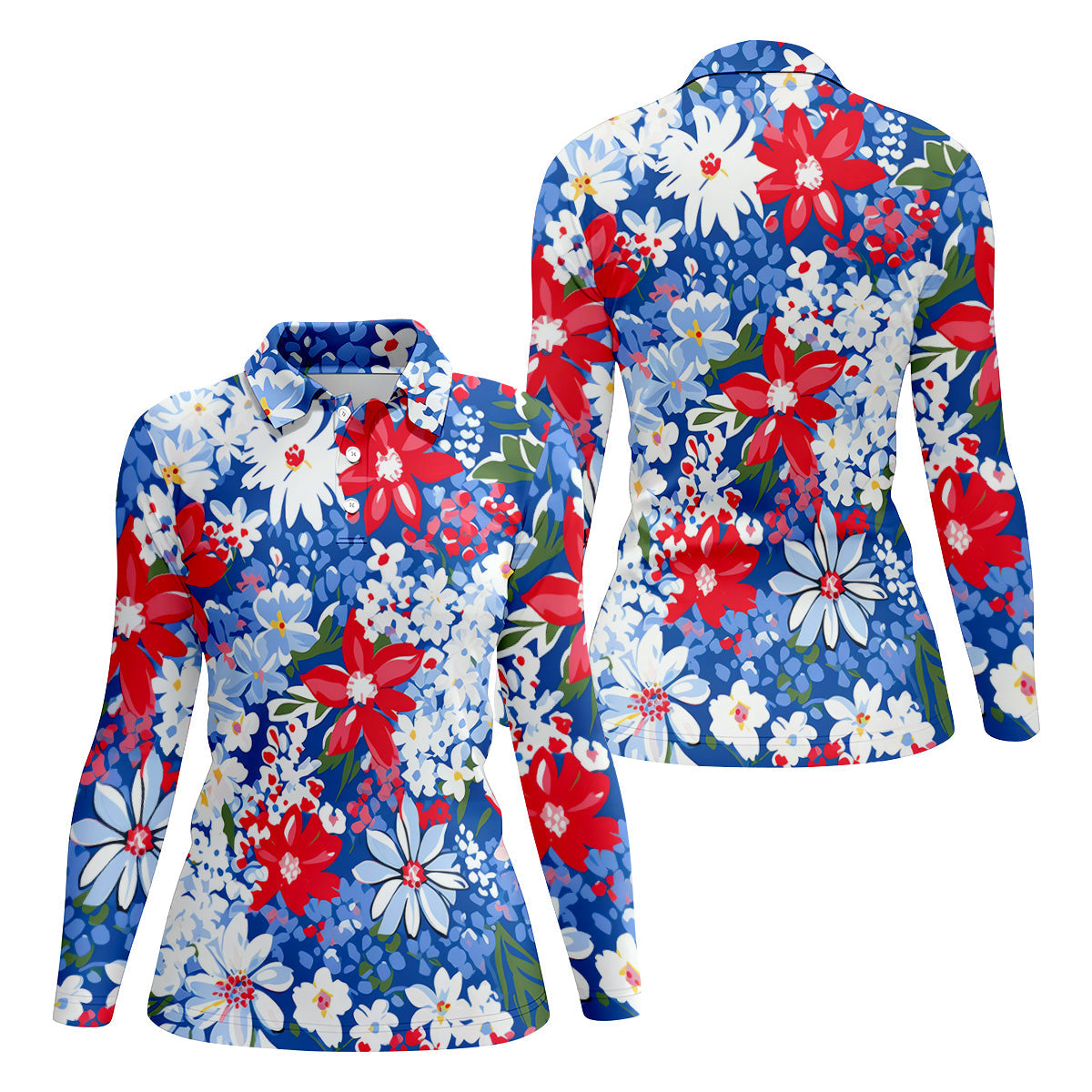 Red White Blue Flowers Seamless Pattern Women Golf Top, Patriotic Golf Shirt, Ladies Golf Polos