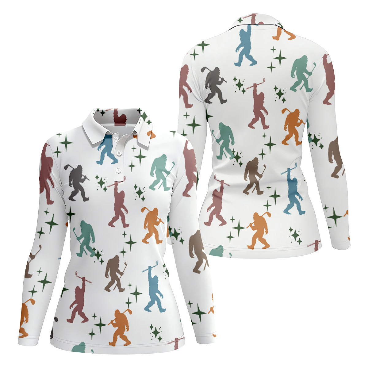 Colorful Bigfoot Silhouette Pattern Fun Women's Golf Shirts, Unique Gift For Golfer, Ladies Golf Polos
