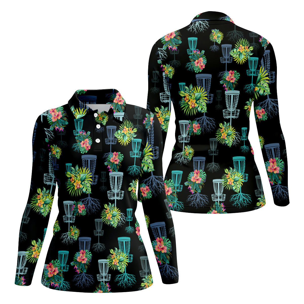 Tropical Floral Pattern Disc Golf Shirt, Black Golf Shirt, Ladies Golf Shirts, Women's Polo Shirt