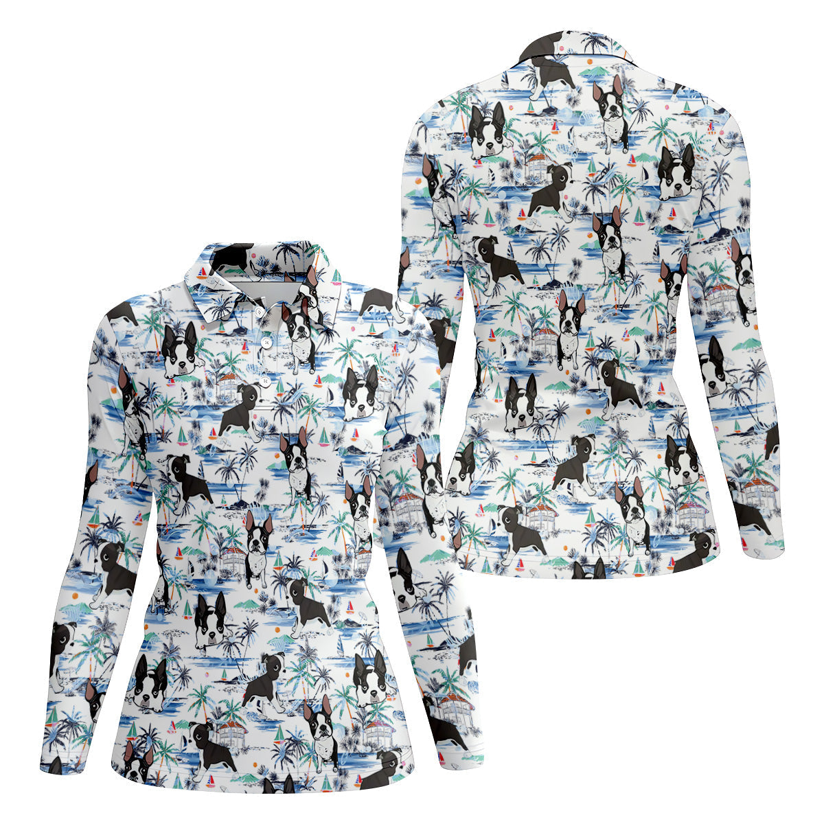 Boston Terrier Ocean Vibe White Tropical Golf Shirts, Fun Women's Golf Shirts, Gifts For Dog Lovers