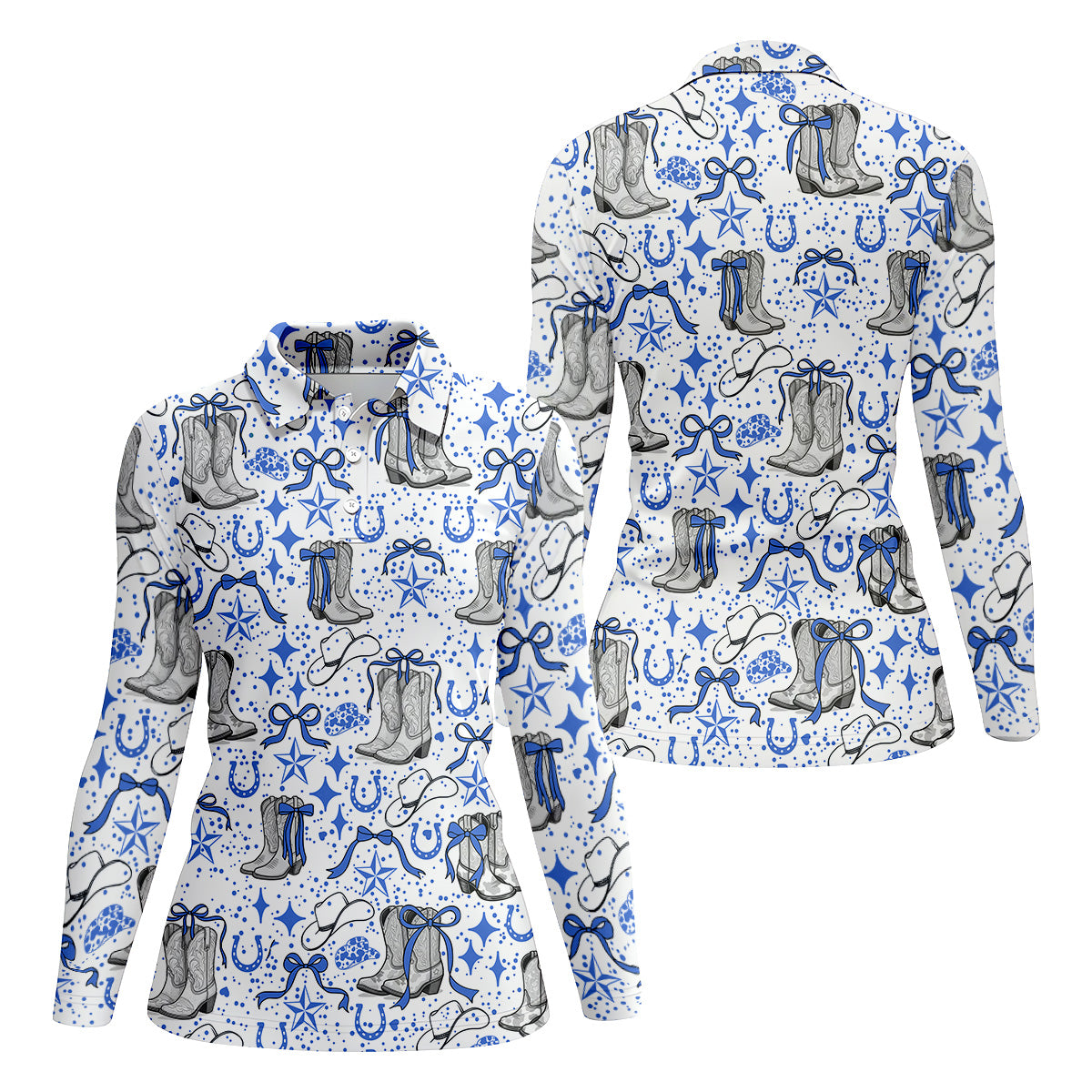 Coquette Cowgirl Boots Blue Western Golf Shirts Women, Retro Golf Shirt, Ladies Golf Polos