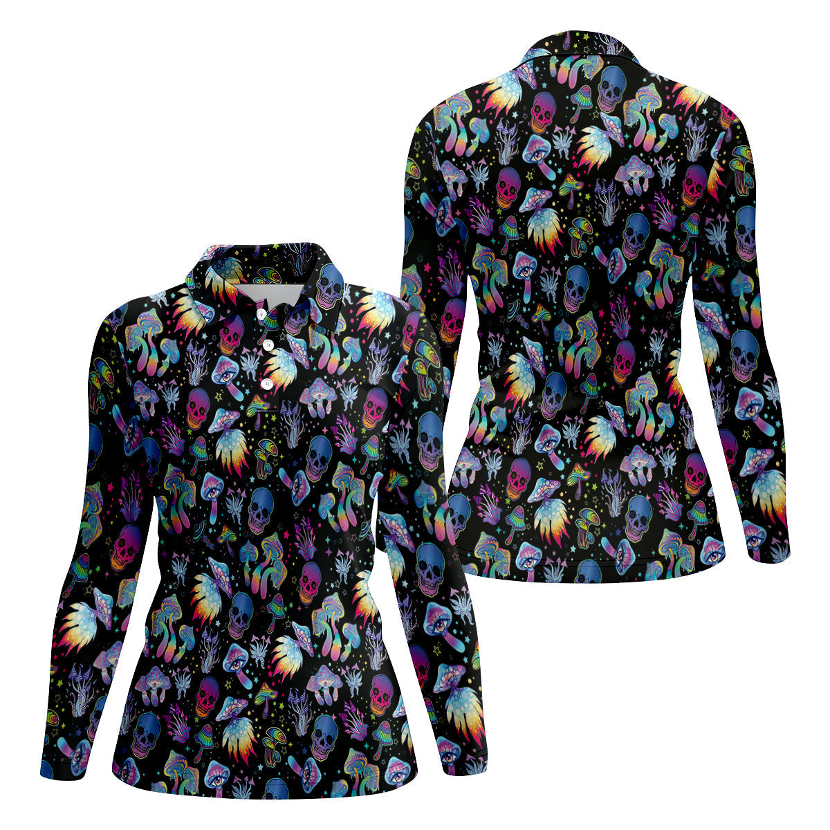 Funny Neon Skull Alien Mushroom Halloween Polo Shirt Women Golf Shirt, Ladies Golf Polos