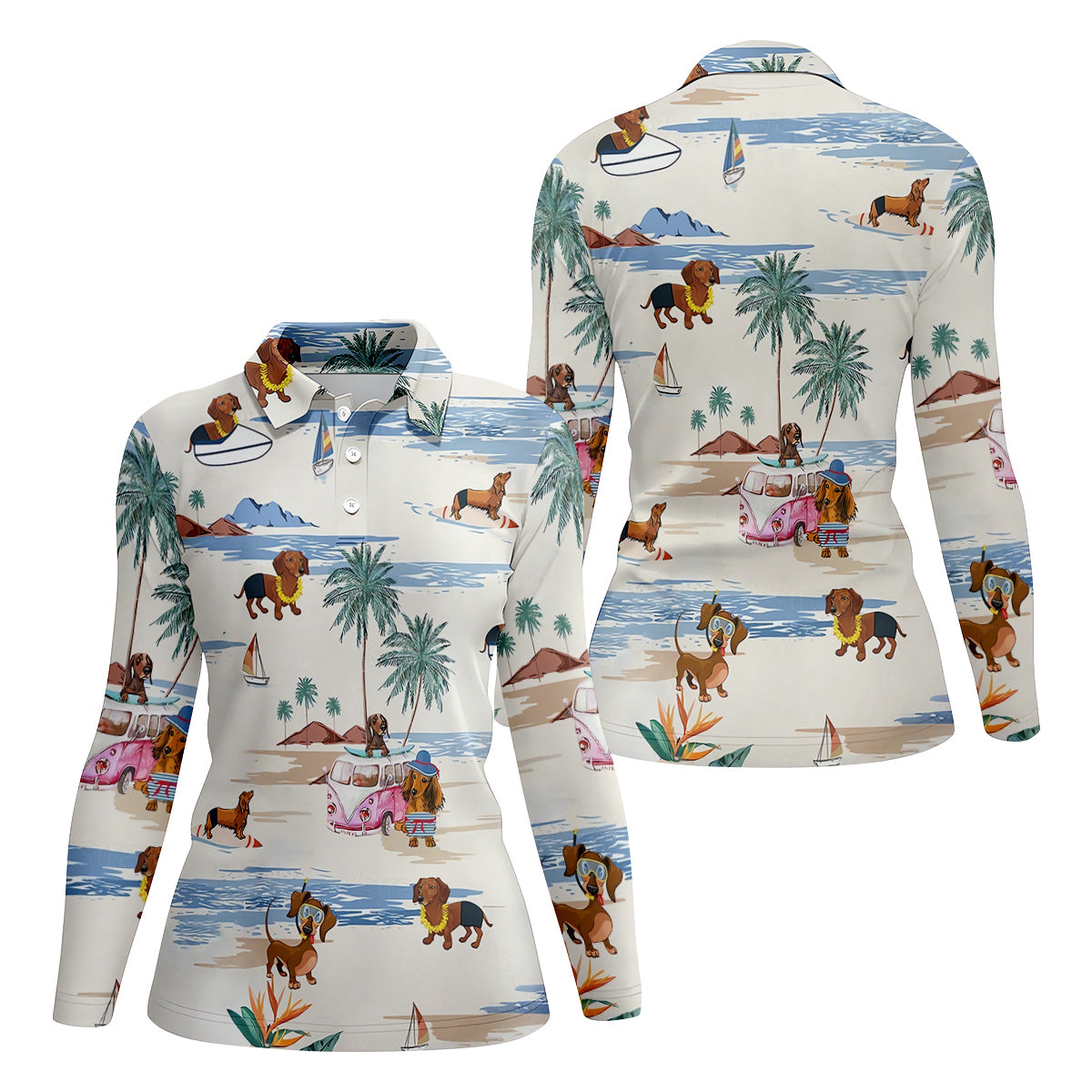 Cute Dachshund Tropical Golf Shirts, Fun Women's Golf Shirts, Ladies Golf Tops, Gifts For Dog Lovers