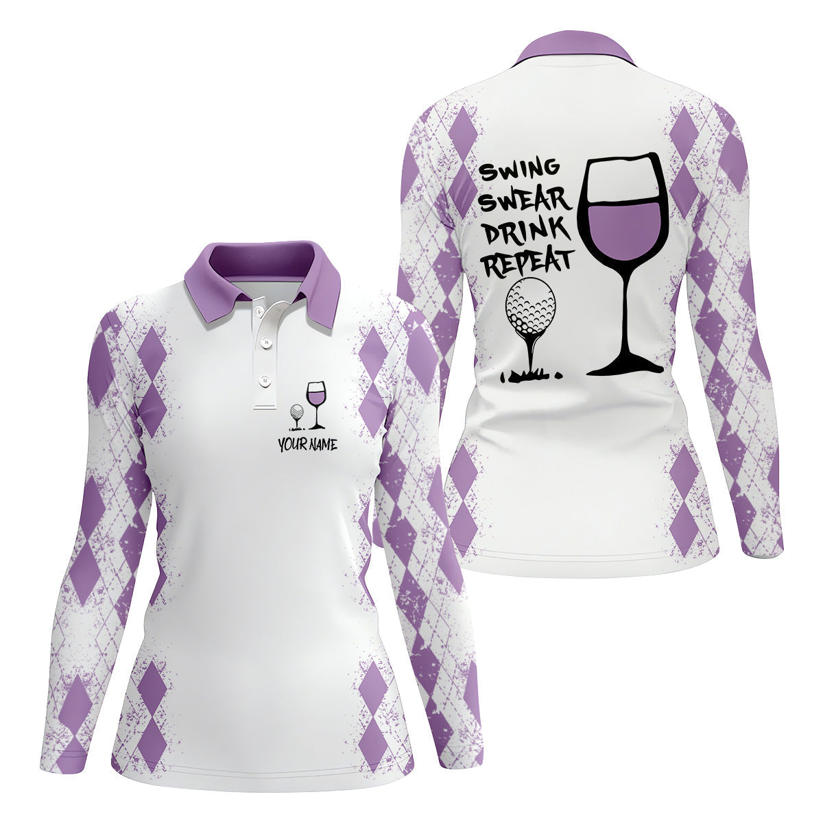 Swing Swear Drink Repeat Purple Argyle Golf Shirt, Fun Womens Golf Shirts, White Polo Women, Ladies Golf Shirts