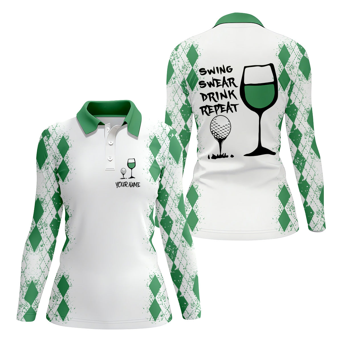 Swing Swear Drink Repeat Green Argyle Golf Shirt, Fun Womens Golf Shirts, White Polo Women, Ladies Golf Shirts
