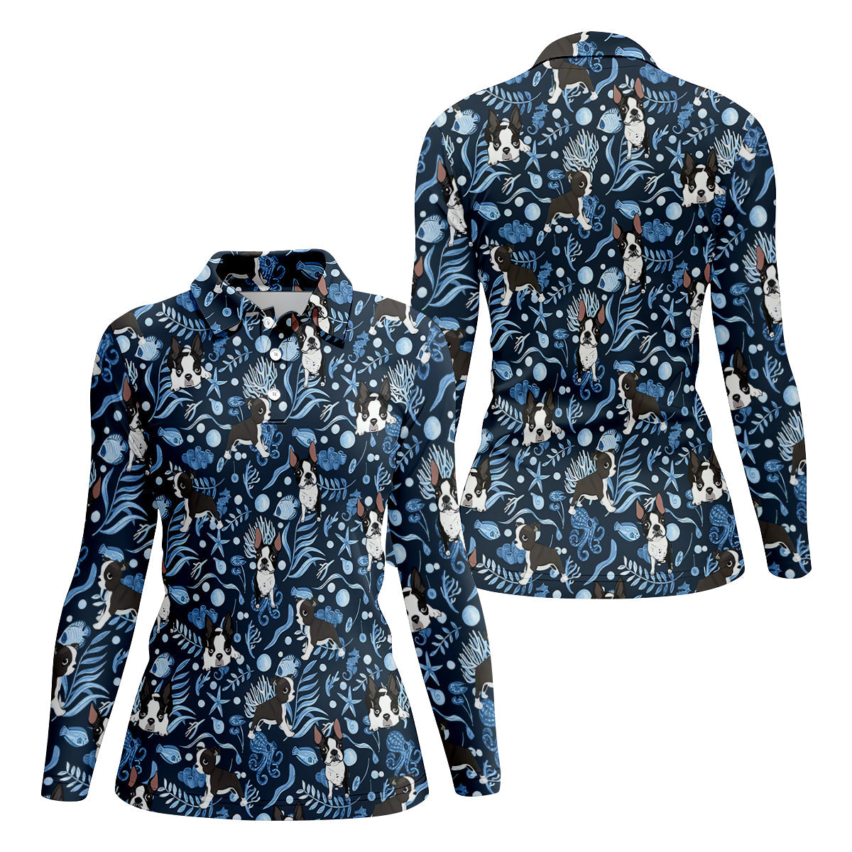 Boston Terrier Ocean Vibe Blue Tropical Golf Shirts, Fun Women's Golf Shirts, Gifts For Dog Lovers