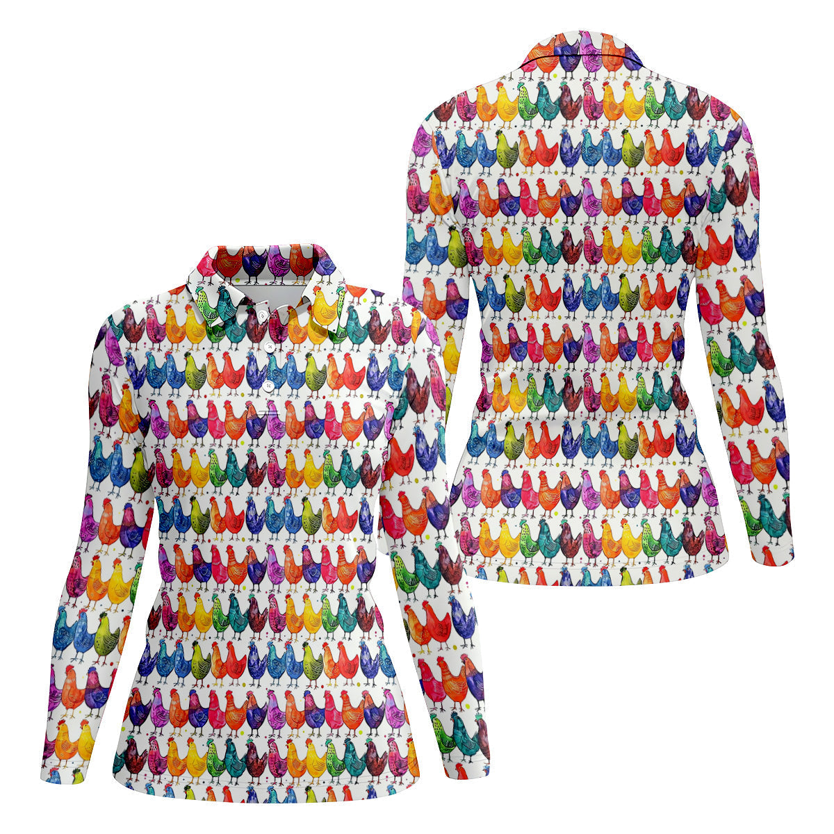Whimsical Chicken Colorful Golf Shirt, Cute Golf Outfit, White Polo Women, Ladies Golf Shirts