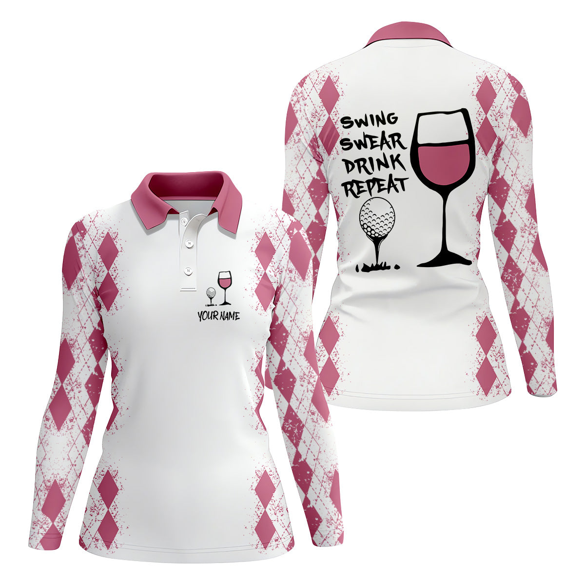 Swing Swear Drink Repeat Pink Argyle Golf Shirt, Fun Womens Golf Shirts, White Polo Women, Ladies Golf Shirts