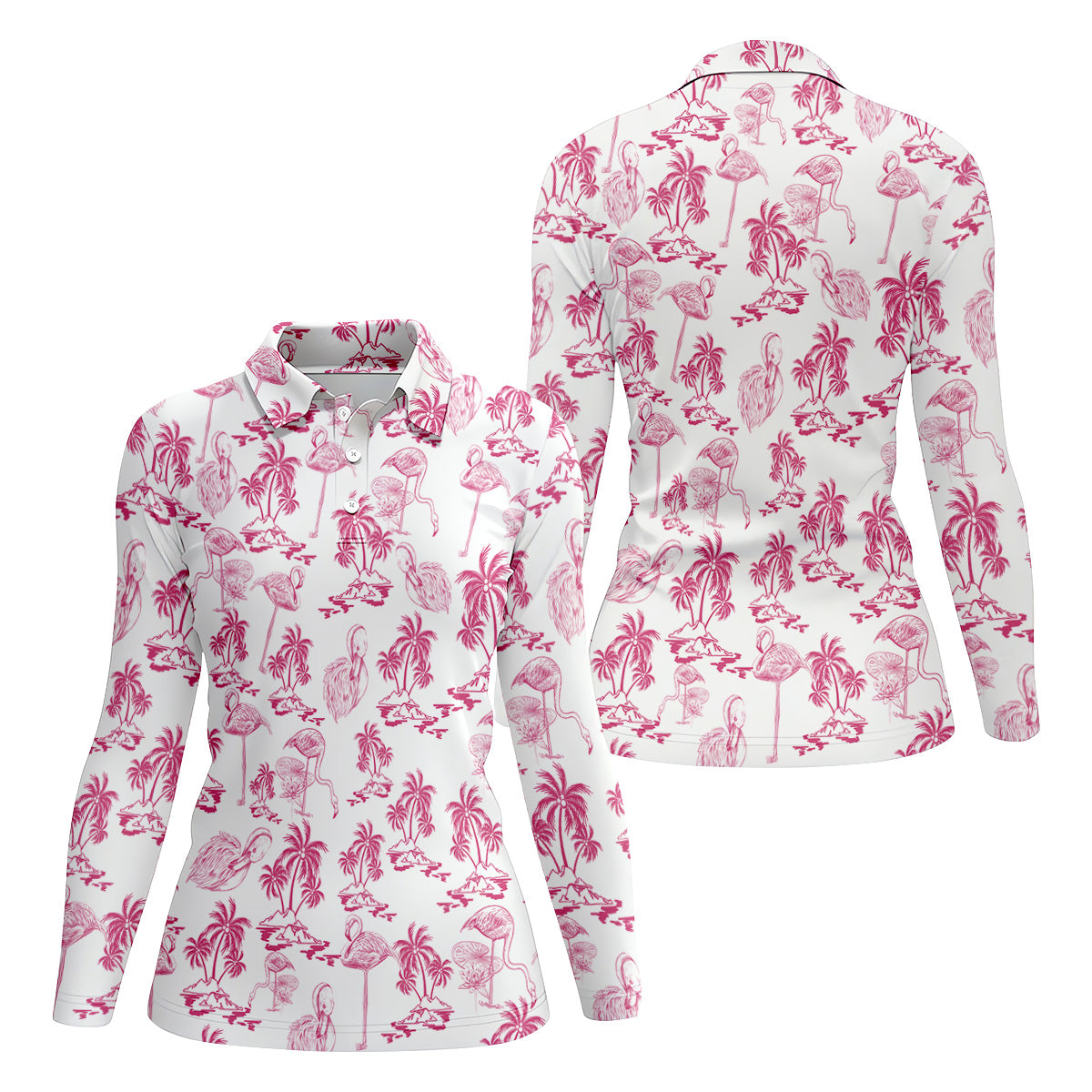 White And Pink Flamingo Tropical Women's Golf Shirts, Ladies Sleeveless Polo, Ladies Golf Shirts