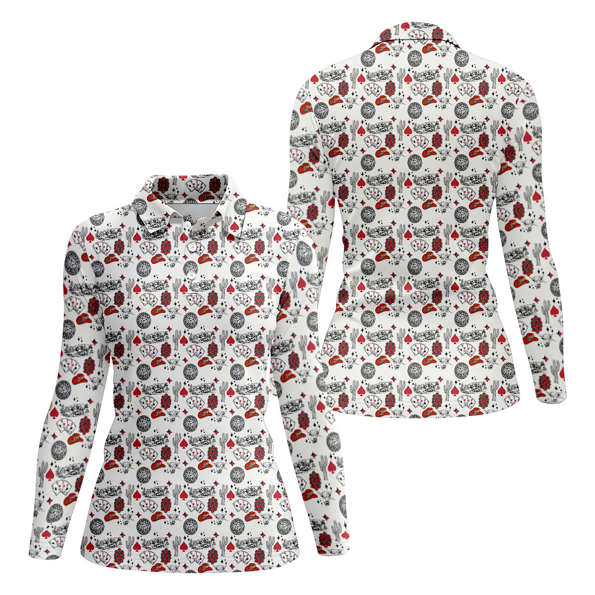 Western Cards Red Cowgirl Hat Seamless Pattern Golf Shirt For Women, Ladies Golf Polos, Golfing Apparel