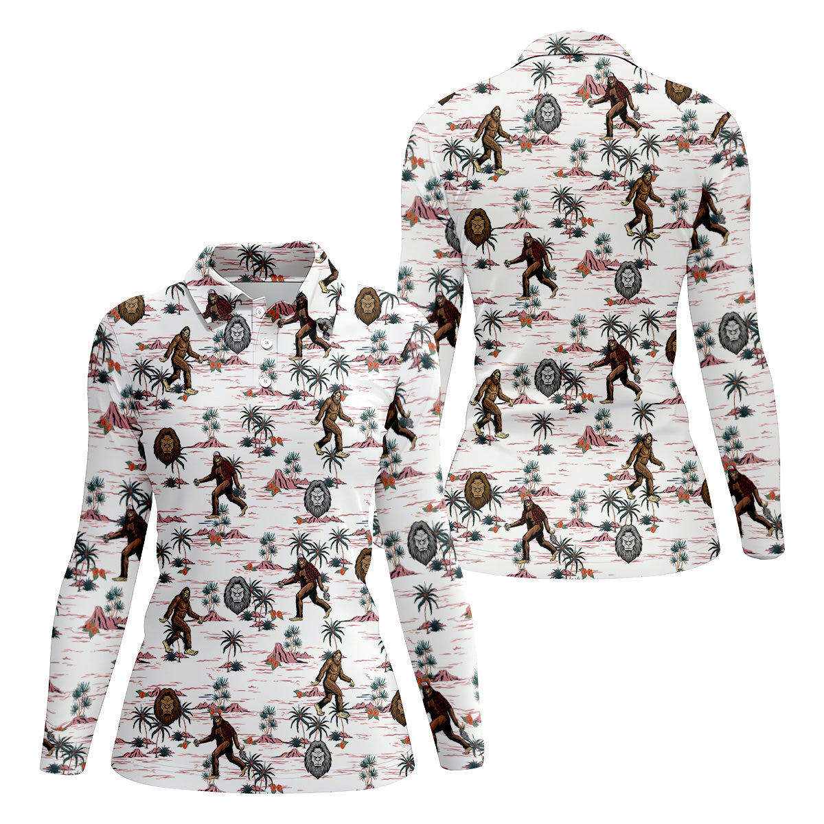 White Funny Sasquatch Tropical Golf Shirts, Funny Golf Shirts Women, Ladies Golf Shirts, Golfing Apparel