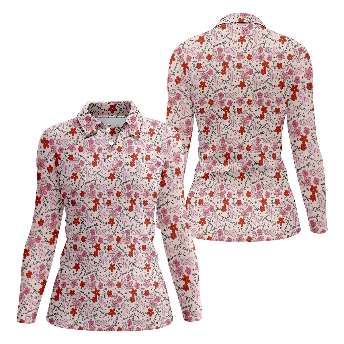 Breast Cancer Awareness Ribbon Floral Shirt Women, Cancer Awareness Shirt, Ladies Golf Shirts