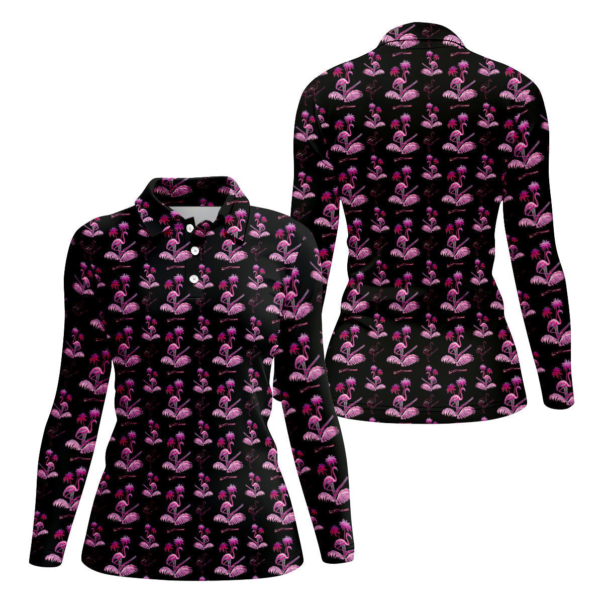 Flamingo Tropical Pink And Black Women's Golf Tops, Ladies Golf Shirts, Golf Gifts For Women