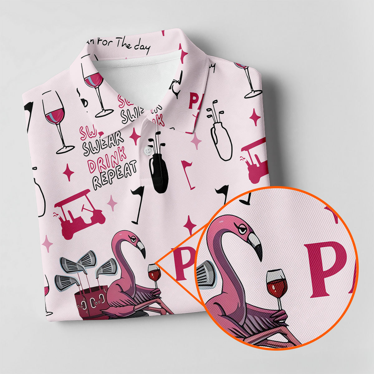 Pink Swing Swear Drink Repeat Par Then Bar Flamingo Golf Shirt, Fun Women's Golf Shirts, Ladies Golf Polos
