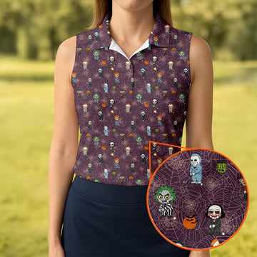Funny Horror Character Purple Golf Polo ShirtHorror Movie Shirt, Halloween Golf Shirt, Womens Golf Polo