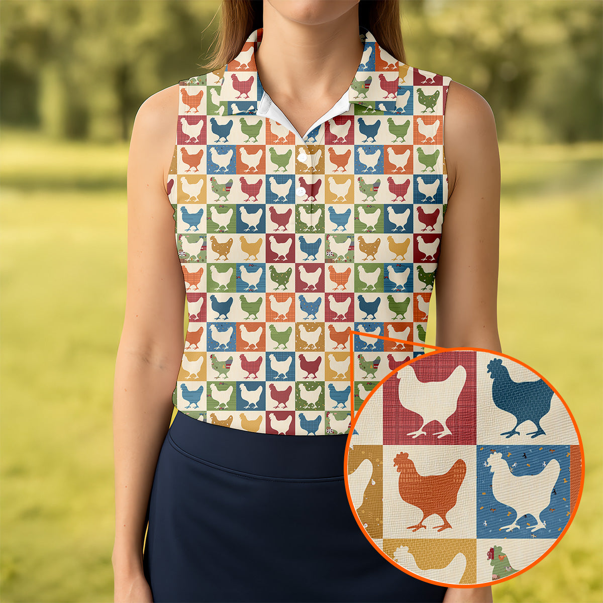 Chicken Rooster Colorful Checkered Women Golf Top, Gift For Chicken Lover, Ladies Golf Shirts