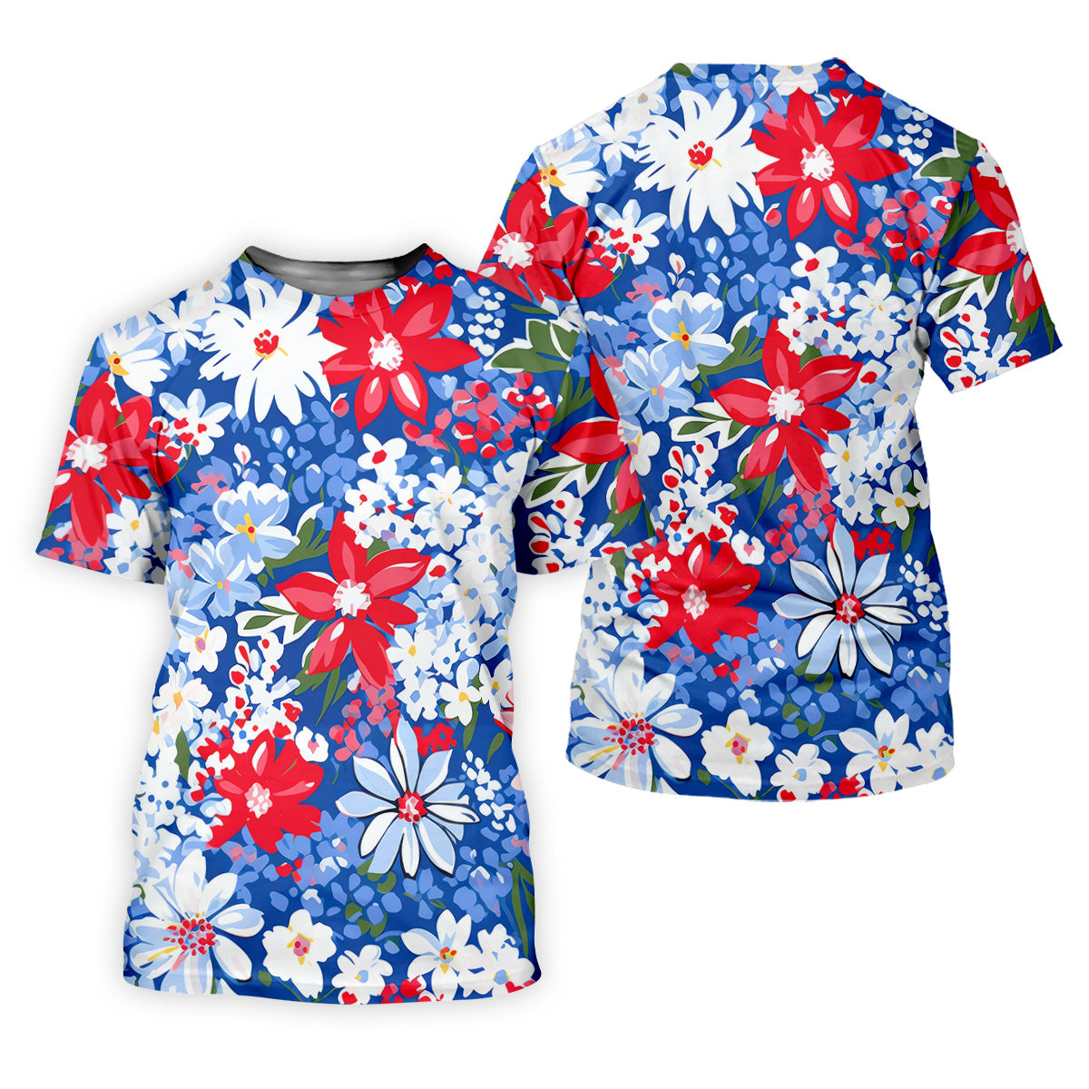 Red White Blue Flowers Seamless Pattern Women Golf Top, Patriotic Golf Shirt, Ladies Golf Polos