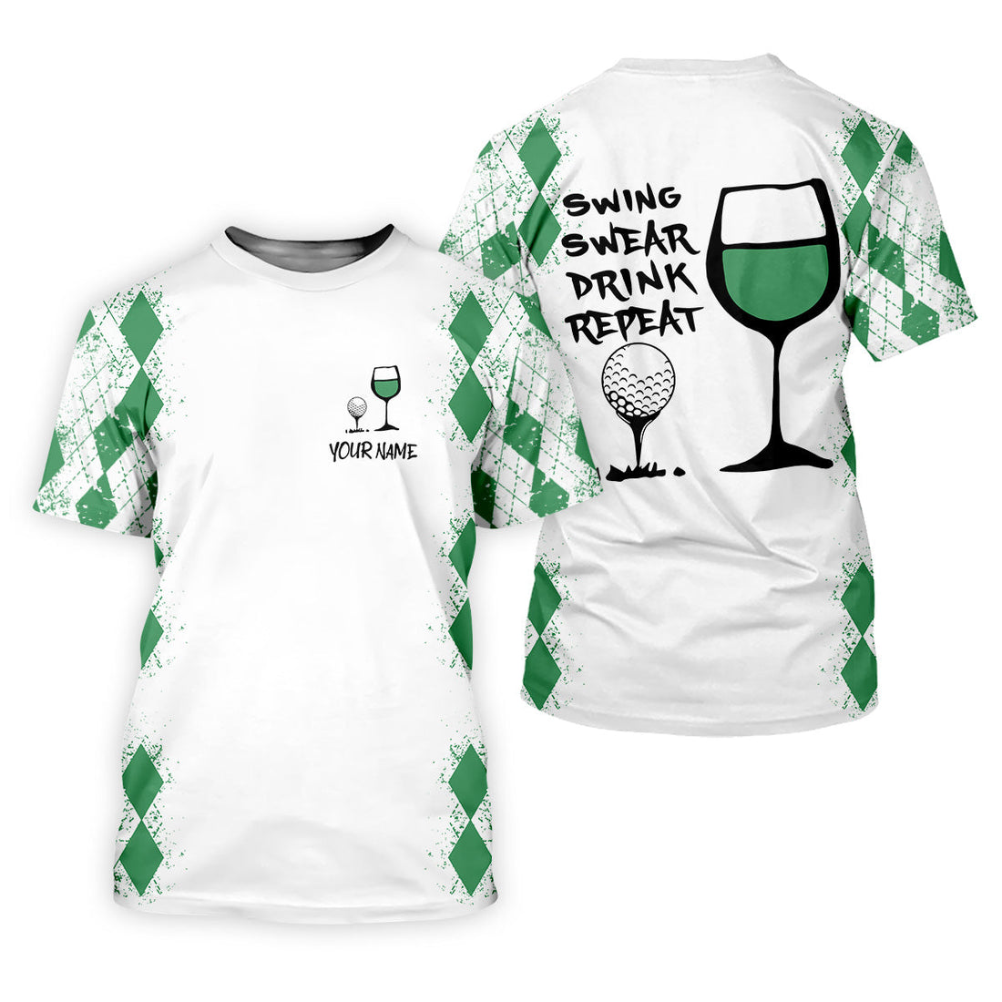 Swing Swear Drink Repeat Green Argyle Golf Shirt, Fun Womens Golf Shirts, White Polo Women, Ladies Golf Shirts