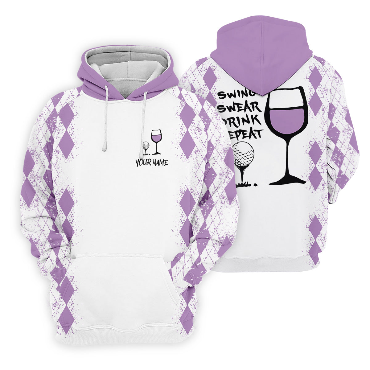 Swing Swear Drink Repeat Purple Argyle Golf Shirt, Fun Womens Golf Shirts, White Polo Women, Ladies Golf Shirts