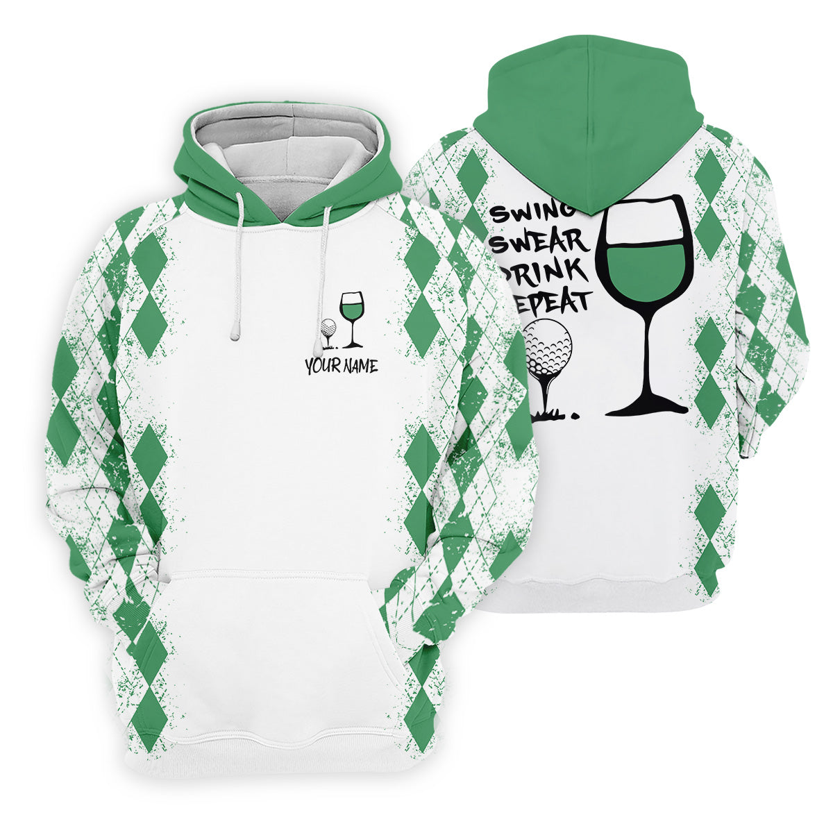 Swing Swear Drink Repeat Green Argyle Golf Shirt, Fun Womens Golf Shirts, White Polo Women, Ladies Golf Shirts
